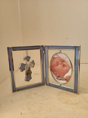 Blue Stained Glass Double Photo Frame with Cross Accent